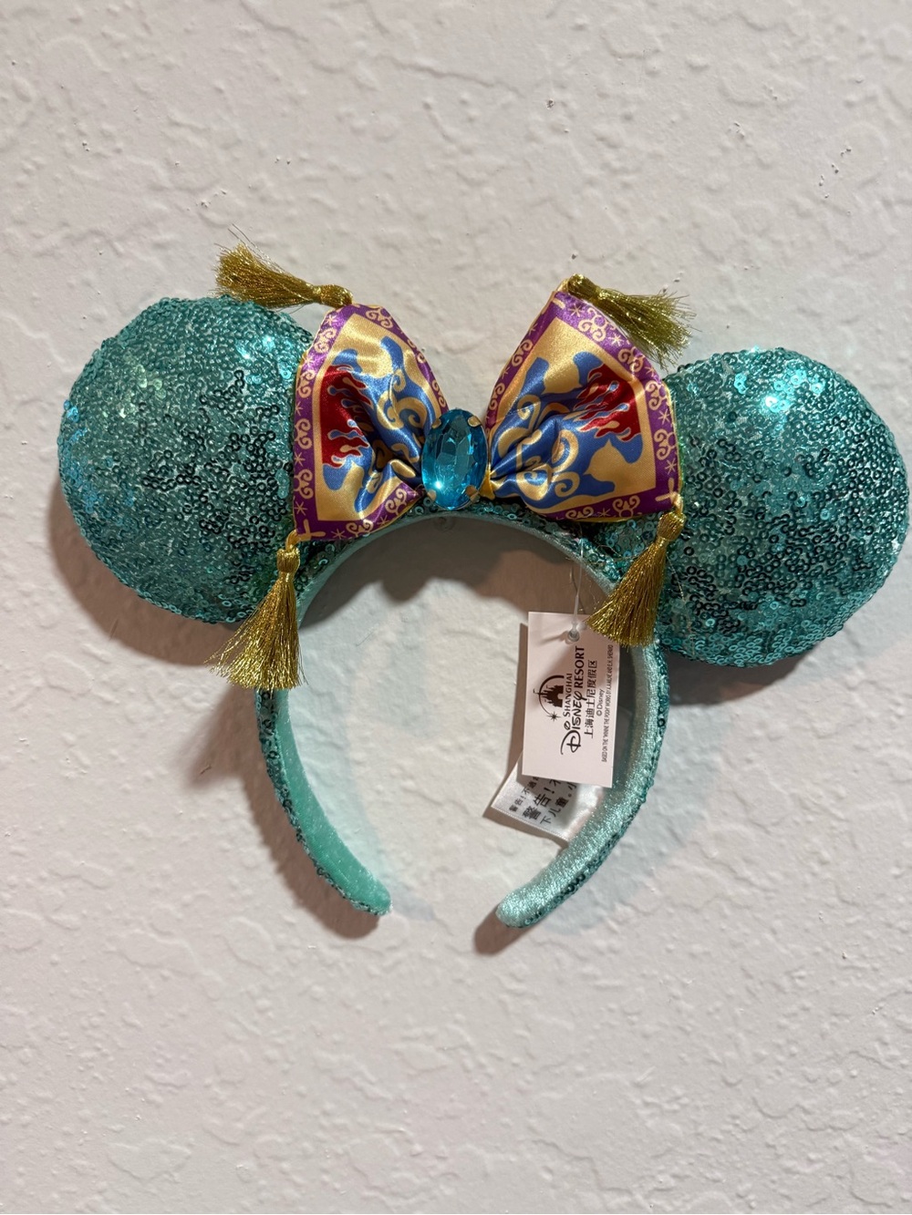 Disney Teal Sequin Mouse Ear Headband with Magic Carpet Bow and Gold Tassels